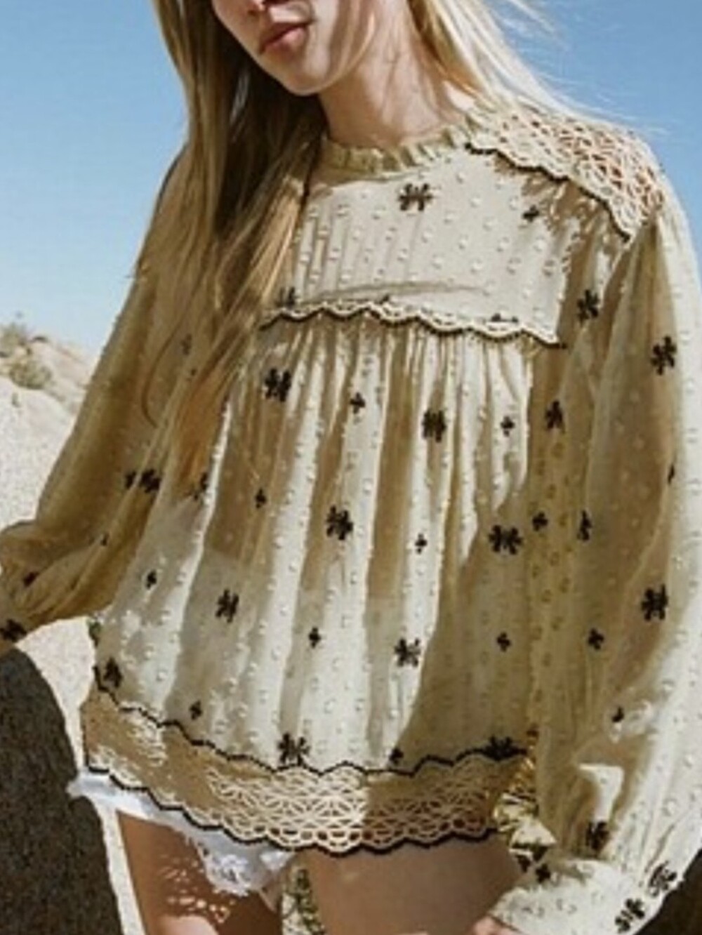 Zara Romantic Cream & Black Lace Dotted Long Sleeve Sheer Blouse, XS